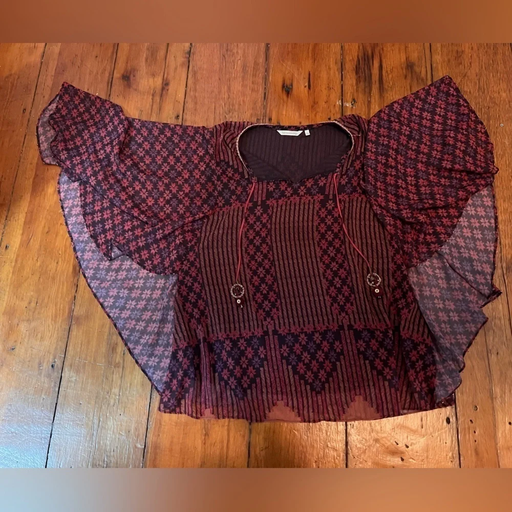 Soft Surroundings Alicia chiffon batwing blouse split neck tassel women’s large - Picture 2 of 7